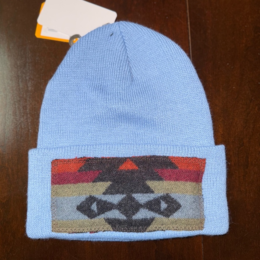 Blue Knit Beanie with Patterned Cuff